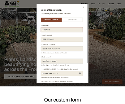 Screenshot of the custom booking form