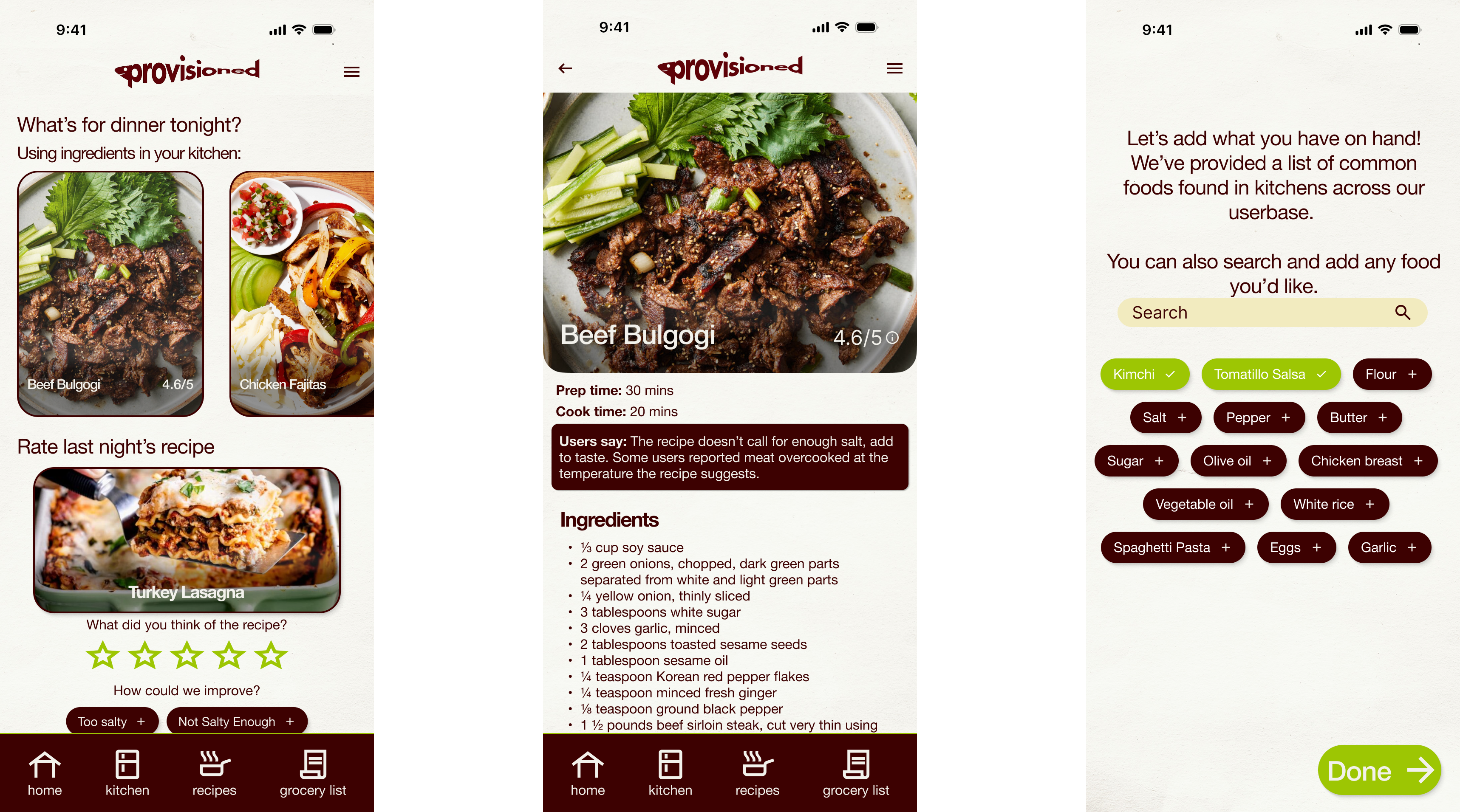 Provisioned app screens